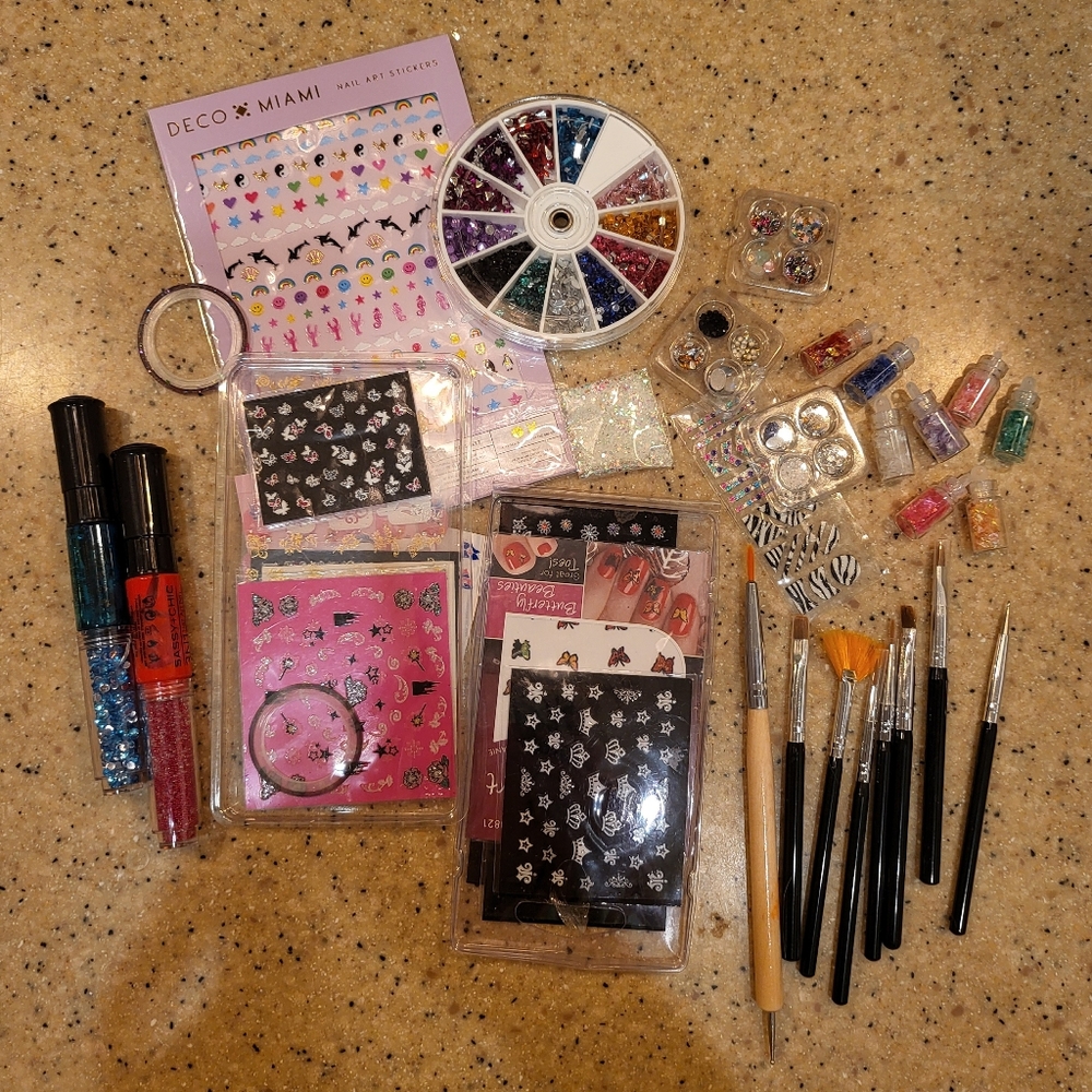 Nail Accessories Stickers Gems Rhinestones Brushes Glitter and More Set